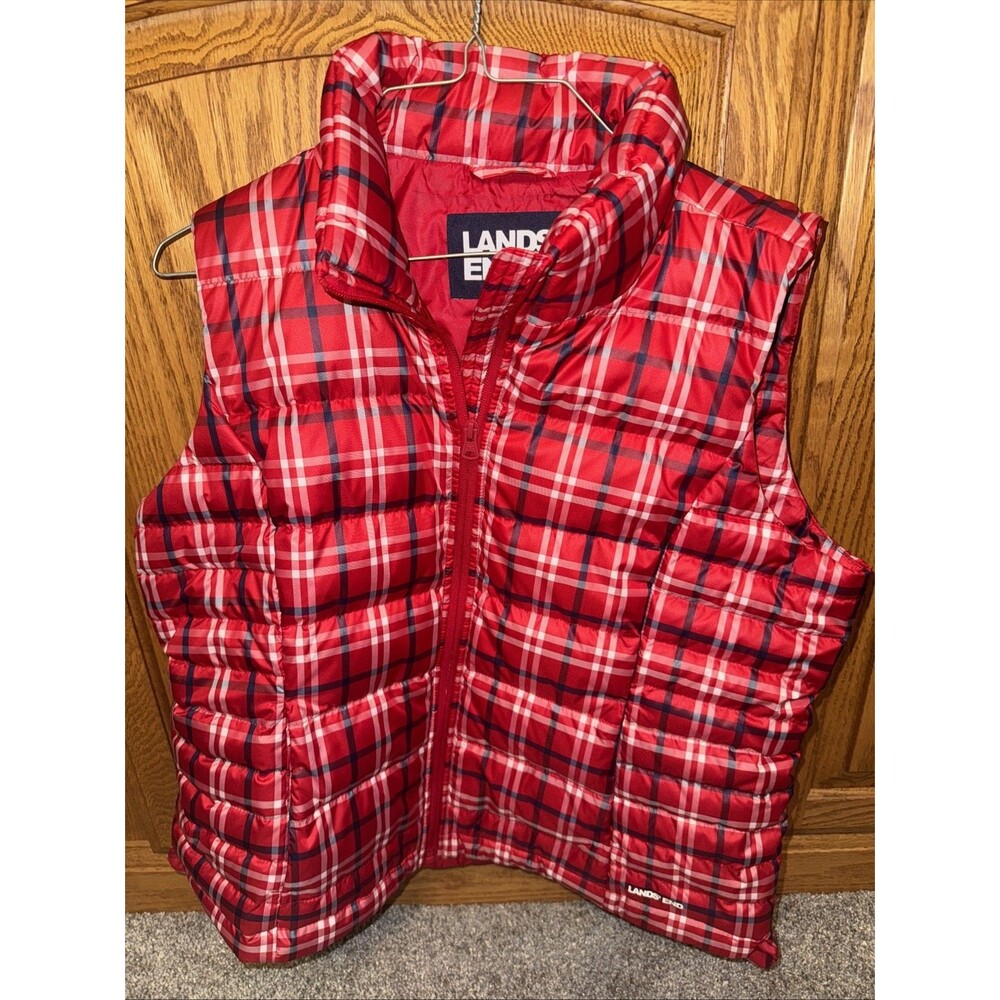 Lands End Puffer Faux Down Vest Quilt women's Medium Petite Red plaid